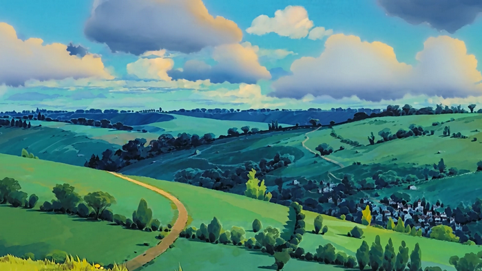 Anime landscape with rolling green hills and clouds