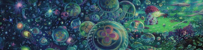 Fantasy art of bioluminescent jellyfish in a surreal underwater world