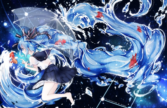 Hatsune Miku with umbrella and goldfish in water