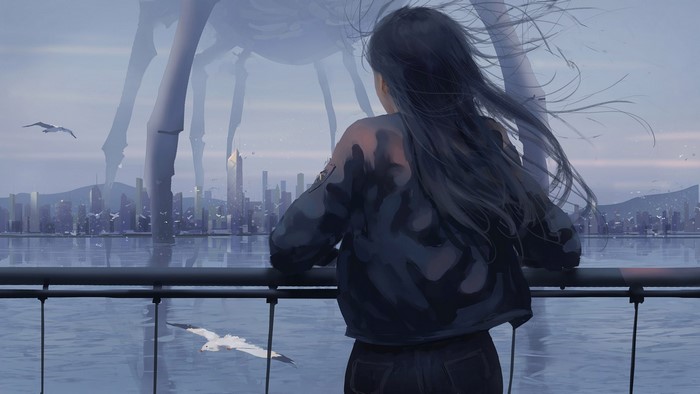 Girl looking at a giant creature over a city skyline