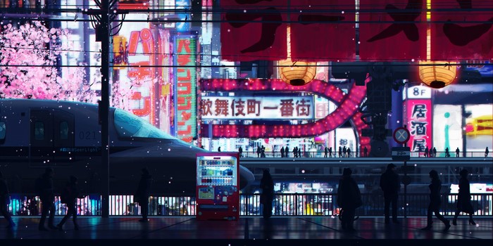 4K Tokyo cyberpunk cityscape with train and cherry blossoms