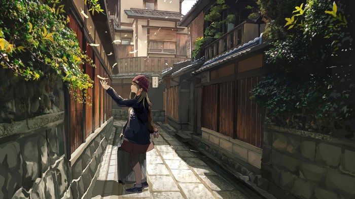 Anime girl in alleyway with falling feathers