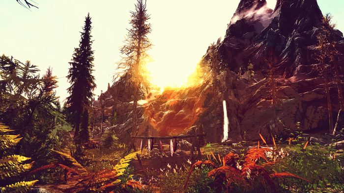 The Elder Scrolls V: Skyrim landscape with mountains and trees