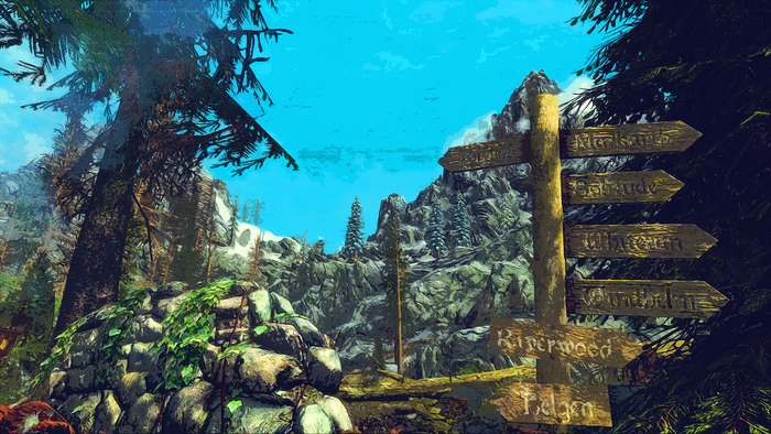 4K Skyrim signpost in a mountainous forest