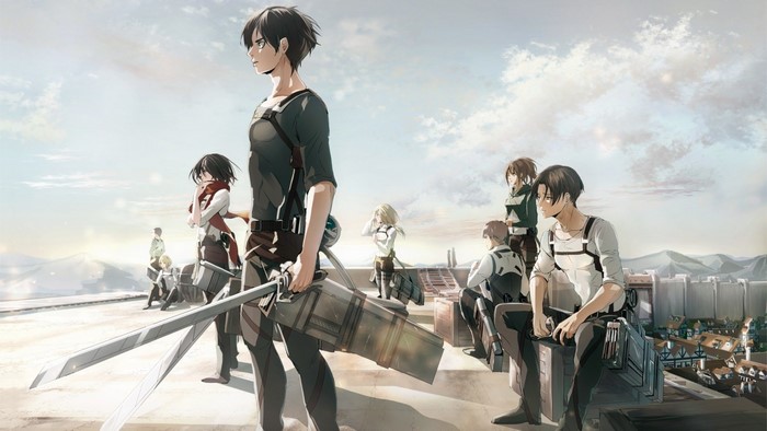 Attack on Titan characters on a rooftop