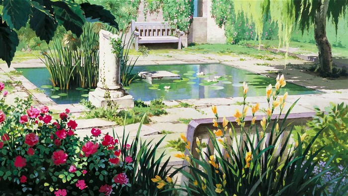 Garden with pond and flowers from Kurenai no Buta