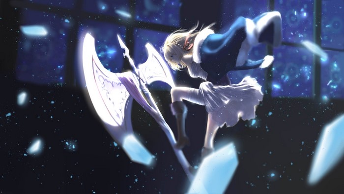 Anime girl with a large axe in a dark, starry environment