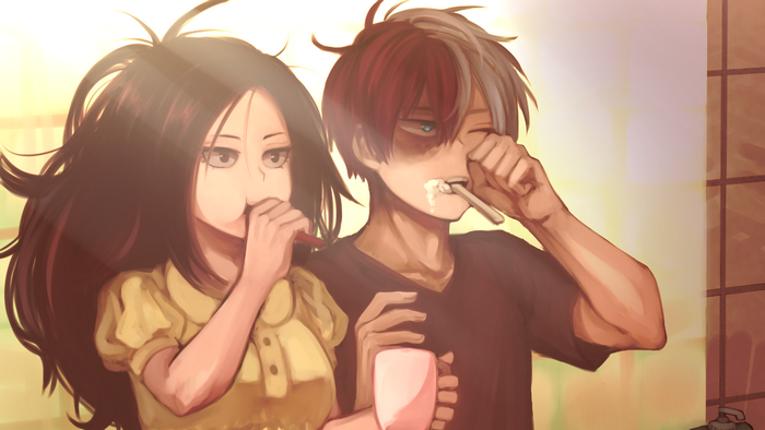 Momo Yaoyorozu and Shoto Todoroki brushing teeth