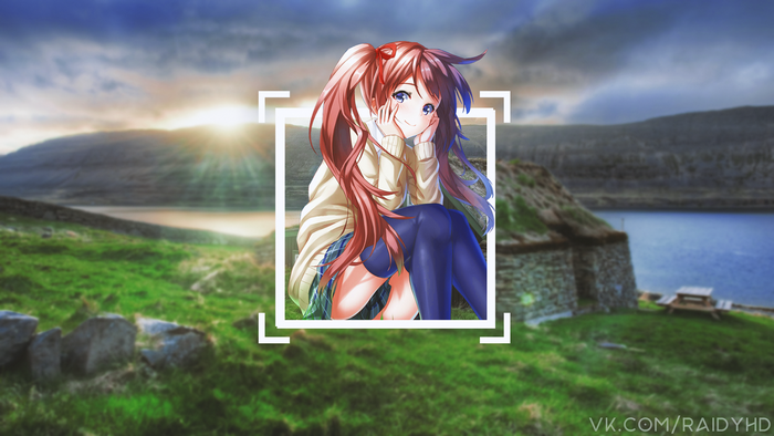Anime girl with pigtails in a landscape