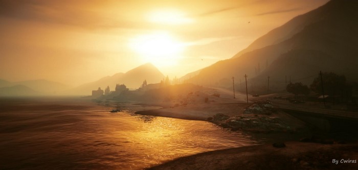 Grand Theft Auto V sunset over water and mountains