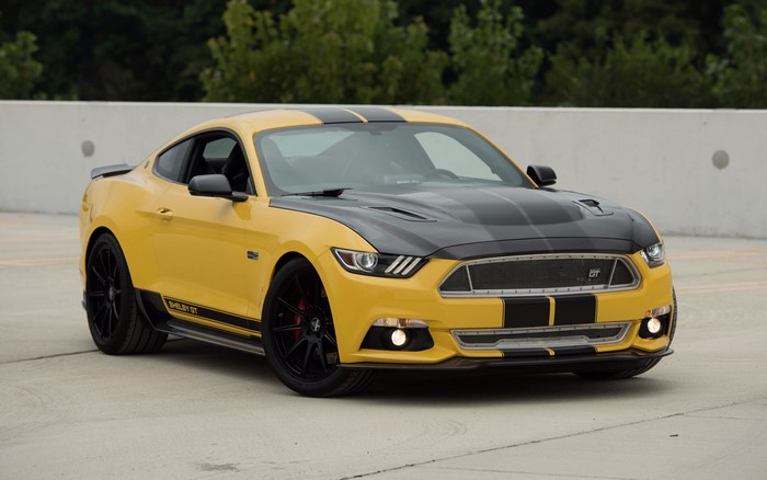 Yellow Shelby GT Ford Mustang with Black Racing Stripes