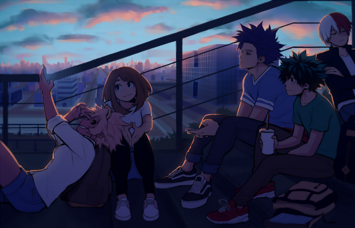 My Hero Academia characters on a rooftop at sunset