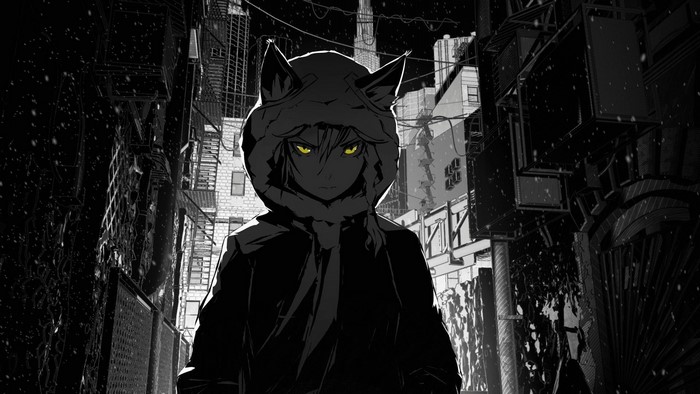 Anime character with cat ears in a dark alley