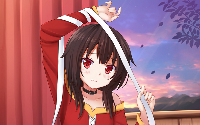 Megumin from KonoSuba holding a white ribbon