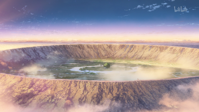 Anime crater landscape with a river and a tree