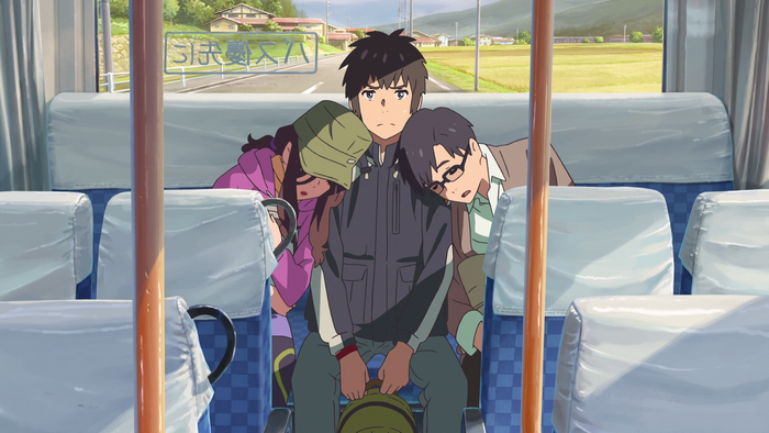 Tachibana Taki and friends on a bus from Kimi no Na Wa