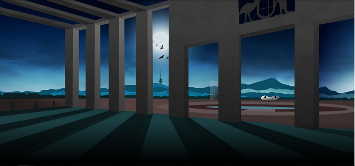 Minimalist abstract architecture at night with landscape