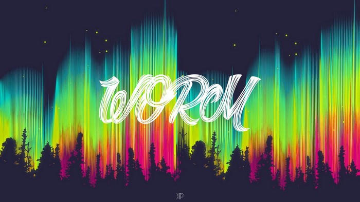 Worm typography over aurora borealis and forest