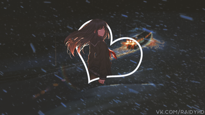 Anime girl in heart frame with train in background