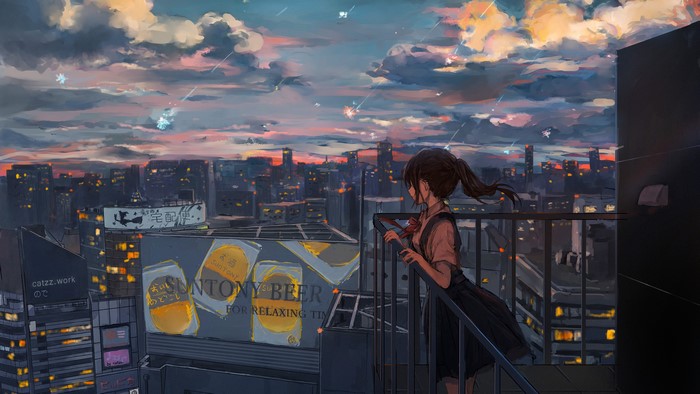Anime girl on rooftop overlooking cityscape with meteors