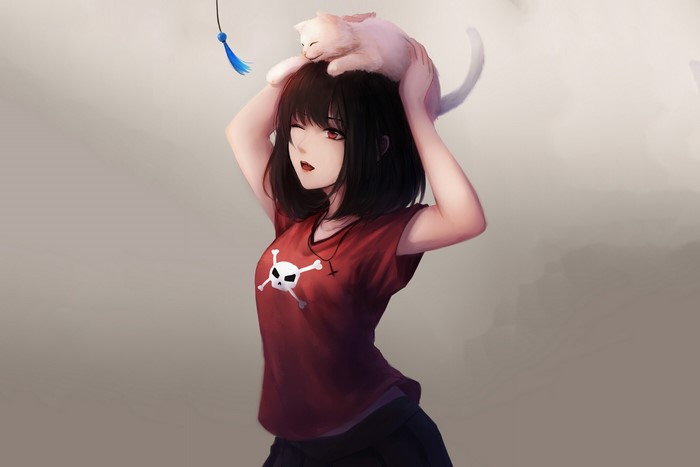 Anime girl with a cat on her head