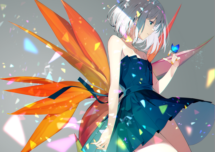 Anime girl with silver hair and orange wings holding a butterfly