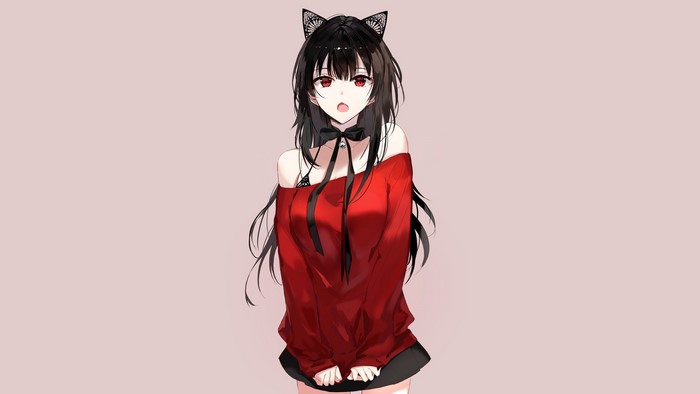 Anime girl with black hair and red eyes wearing a red sweater