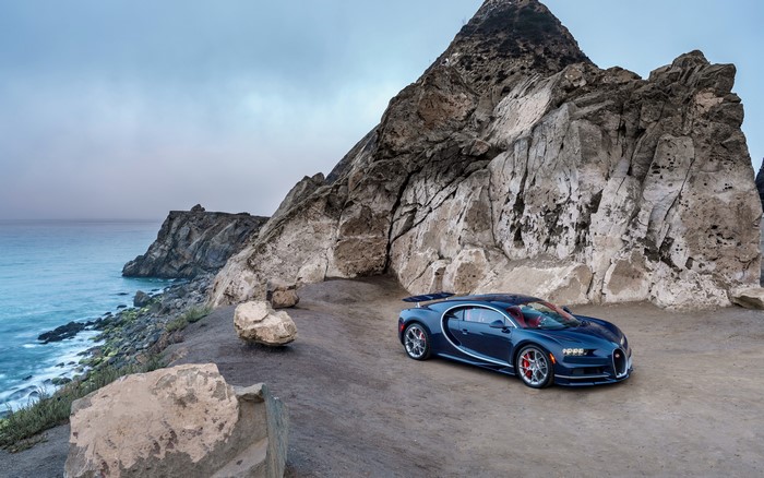 Bugatti Chiron on a rocky coast
