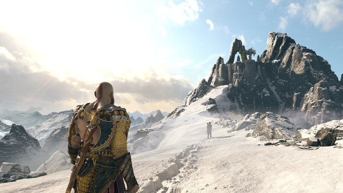 Kratos from God of War in a snowy mountain landscape