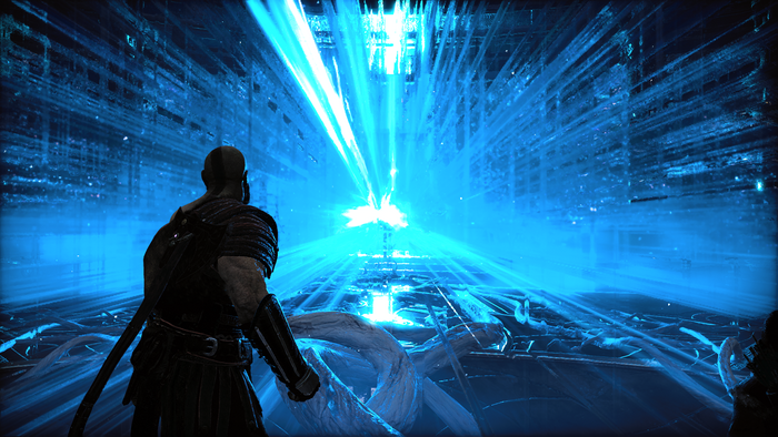 Kratos from God of War in a blue digital realm