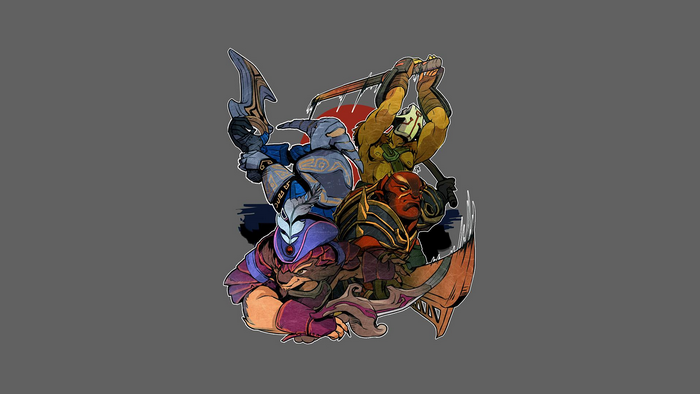Dota 2 Heroes Juggernaut, Sven, Ember Spirit, and another hero