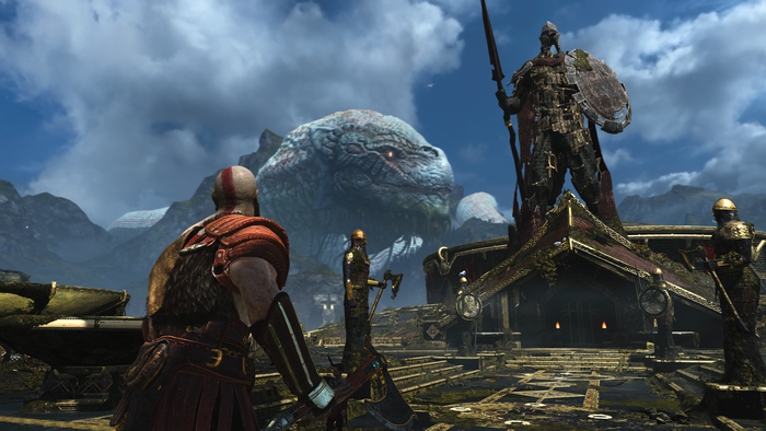 Kratos from God of War (2018) facing a giant creature