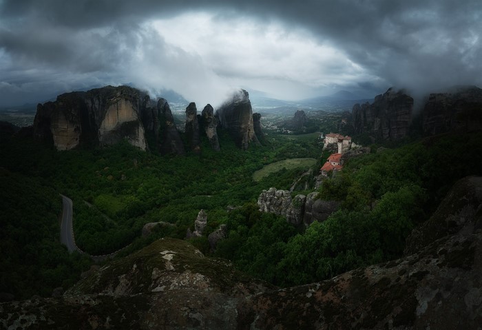 Meteora, Greece: Monasteries on Rocky Peaks Under Overcast Sky