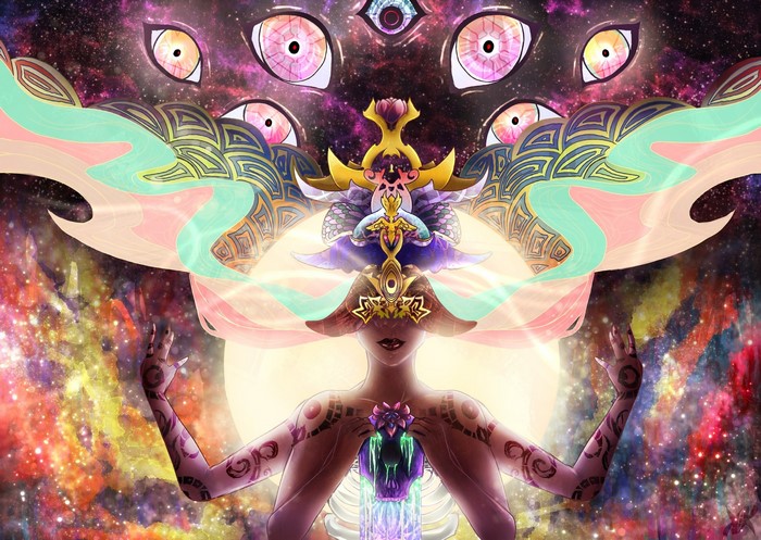 Psychedelic cosmic entity with multiple eyes