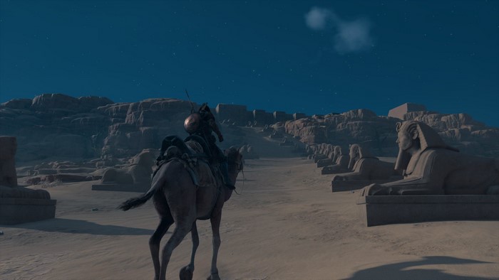 Bayek from Assassin's Creed: Origins riding a camel
