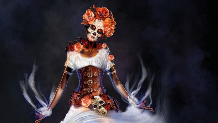 Fantasy woman with skull makeup and roses