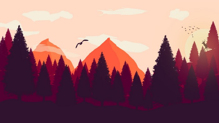 Minimalist forest landscape with mountains and deer