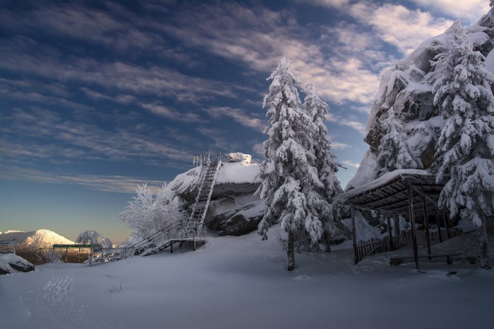 Snowy mountain landscape with trees and a staircase