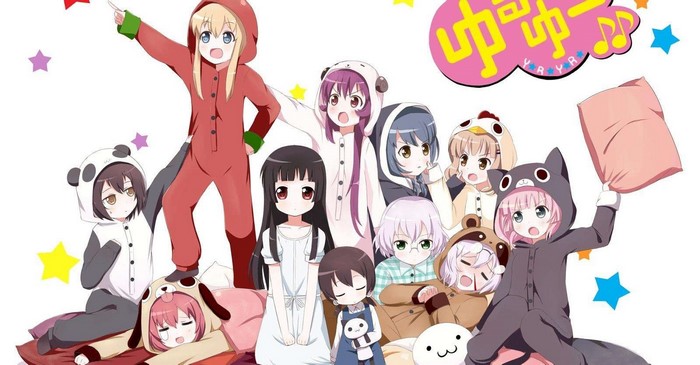 Yuru Yuri characters in pajamas with pillows