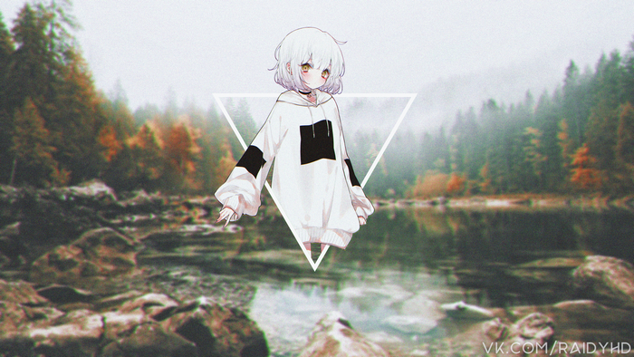 Anime girl in hoodie with triangle overlay over lake and forest