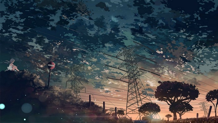 Anime girl sitting near power lines at sunset