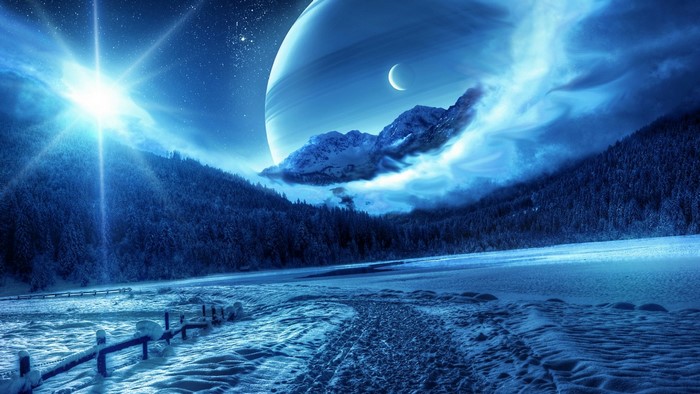 Alien planet landscape with large planet and moon