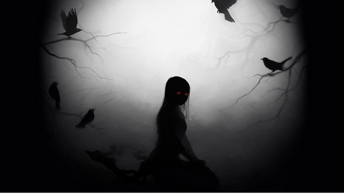 Anime girl with red eyes and crows in dark forest