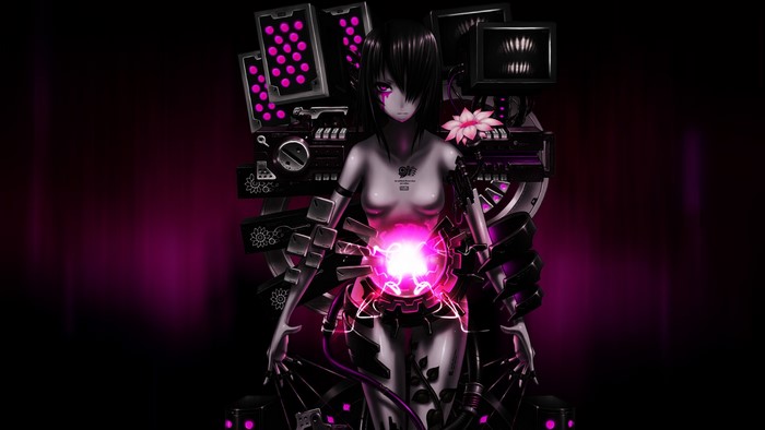 Anime girl with glowing orb and mechanical parts