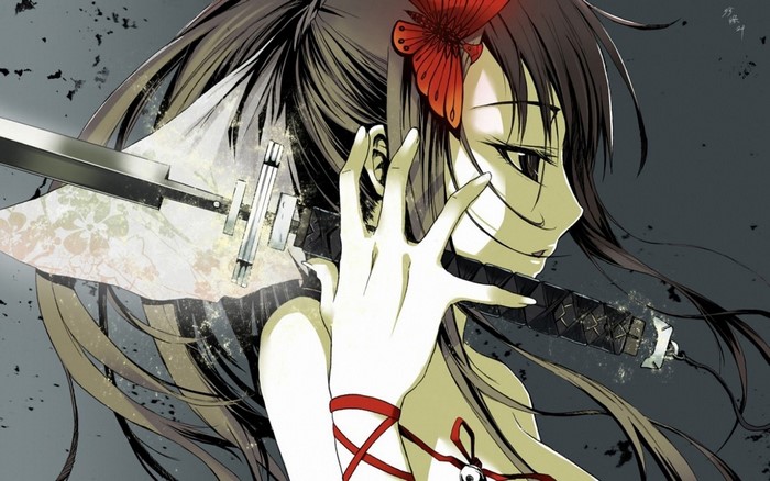 Anime girl with katana and red flower