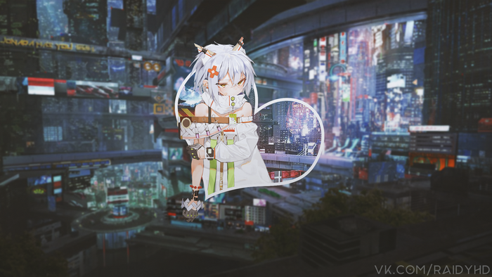 Anime girl with white hair in a futuristic city