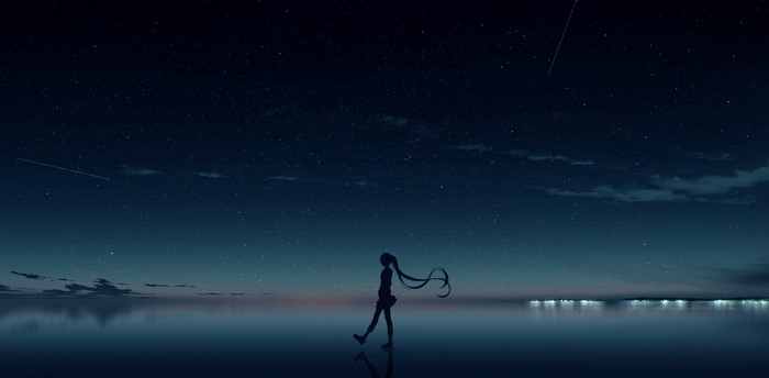Anime girl silhouette walking under starry sky