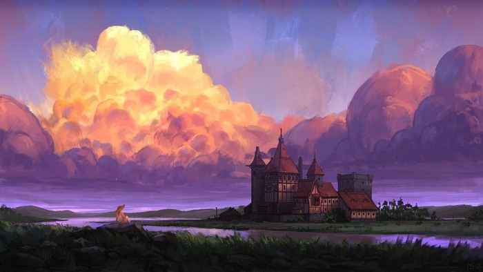 Castle by a lake with dramatic clouds