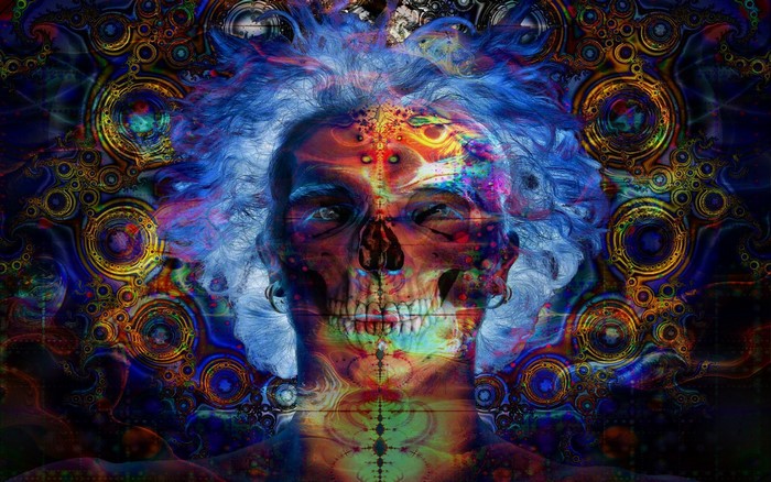 Psychedelic Skull with Blue Hair and Ornate Background