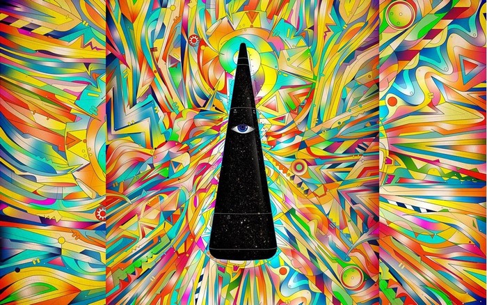 Psychedelic abstract art with a black obelisk and eye